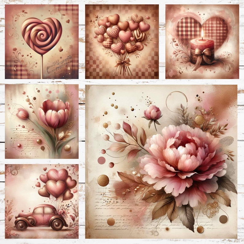 Op de afbeelding: Een verzameling van zes romantische prints in vintage stijl. De prints tonen hartvormige lolly's, boeketten van hartvormige ballonnen, kaarsen, bloemen en een oldtimer met hartballonnen, allemaal in zachte roze en bruine tinten.