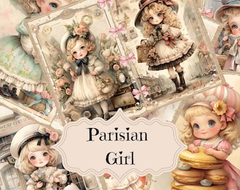 May include: A collage of images featuring Parisian-themed illustrations of girls in various settings. The images include a girl with a basket of flowers, a girl with a stack of macarons, and a girl with a suitcase. The text "Parisian Girl" is featured in the center of the collage.