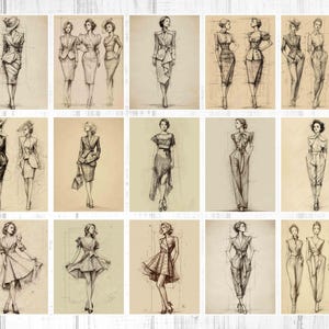 May include: A collection of pencil sketches of women's fashion designs. The drawings showcase various outfits, including suits, dresses, and jumpsuits. The illustrations are in a vintage style, with detailed shading and a focus on form and silhouette.