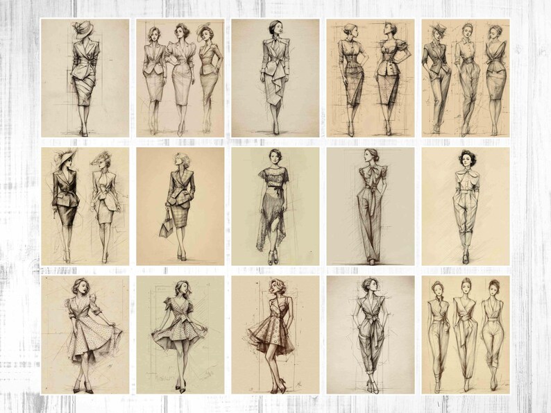May include: A collection of pencil sketches of women's fashion designs. The drawings showcase various outfits, including suits, dresses, and jumpsuits. The illustrations are in a vintage style, with detailed shading and a focus on form and silhouette.