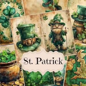 Op de afbeelding: Een digitale collage van afbeeldingen met betrekking tot St. Patrick's Day. De collage bevat een groene kabouter, een pot met goud, klavertjesvier en een kaart van Ierland. De tekst "St. Patrick" is geschreven in een decoratief lettertype.