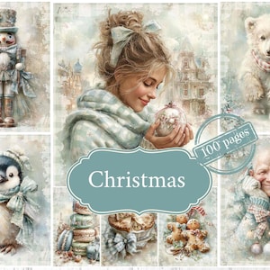 Puede incluir: Un collage de ilustraciones en acuarela con temática navideña. Presenta un cascanueces, una niña sosteniendo un adorno, un oso polar, un pingüino y otros elementos festivos. La palabra "Christmas" se muestra de forma destacada.