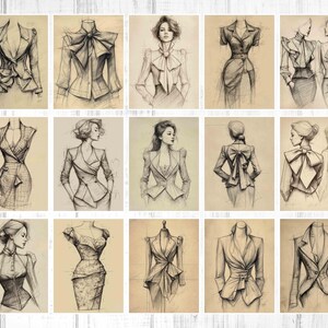 May include: A collection of pencil sketches of vintage fashion designs. The drawings depict various styles of jackets, blazers, and dresses, showcasing details like bows, ruffles, and tailored silhouettes. The artwork is on a neutral background.