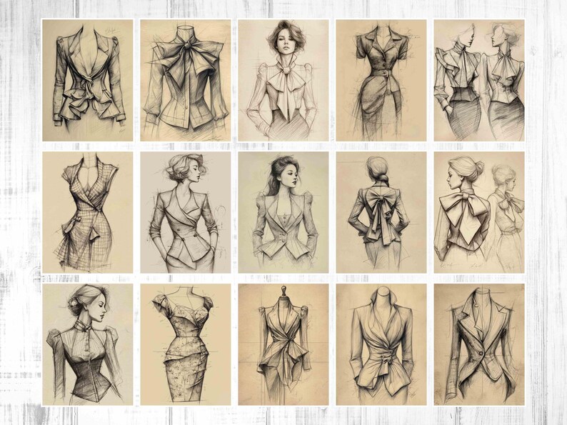 May include: A collection of pencil sketches of vintage fashion designs. The drawings depict various styles of jackets, blazers, and dresses, showcasing details like bows, ruffles, and tailored silhouettes. The artwork is on a neutral background.