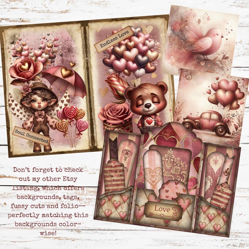 Op de afbeelding: Een verzameling digitale scrapbookelementen met een Valentijnsdagthema. De afbeelding toont illustraties van een fee, een teddybeer, harten, rozen en een oldtimer. Het kleurenpalet omvat tinten roze, rood en bruin. Tekst bevat "Soul Connected" en "Endless Love".