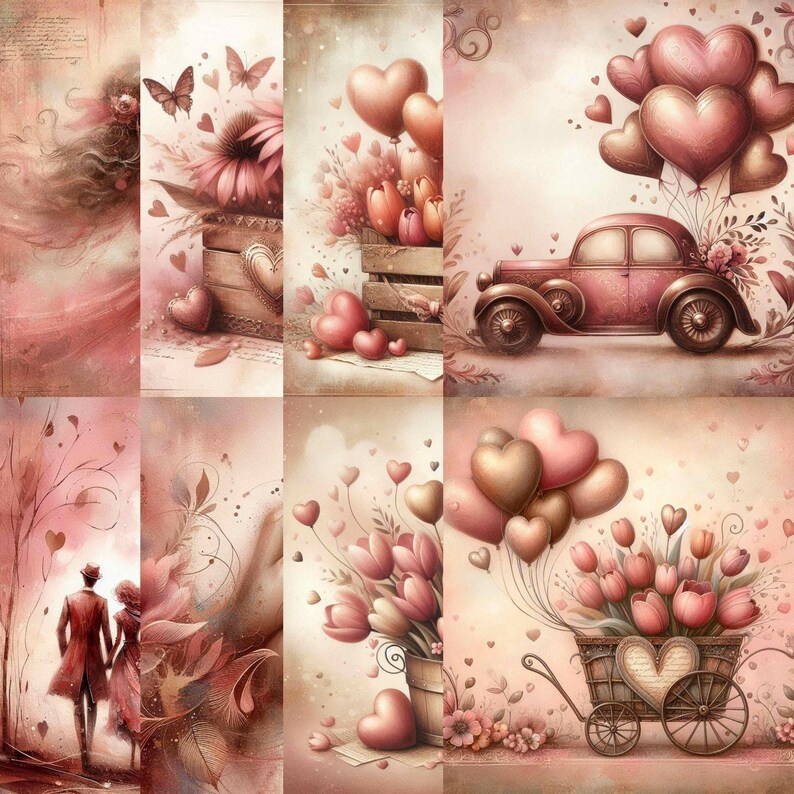Op de afbeelding: Een collage van romantische illustraties in roze en bruine tinten. De afbeeldingen bevatten hartvormige ballonnen, bloemen, een oldtimer en een stel. Het thema is liefde en romantiek, perfect voor Valentijnsdag of bruiloften.