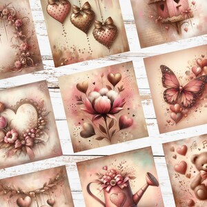 Op de afbeelding: Een verzameling prints in aquarel-stijl met romantische thema's. De prints tonen harten, bloemen, vlinders en een vogelhuisje in zachte roze, bruine en cr&egrave;mekleuren. De algehele esthetiek is vintage en delicaat, perfect voor Valentijnsdag of romantische decoratie.