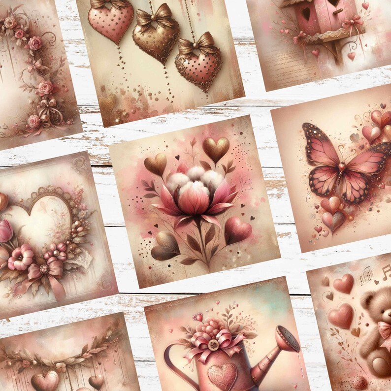 Op de afbeelding: Een verzameling prints in aquarel-stijl met romantische thema's. De prints tonen harten, bloemen, vlinders en een vogelhuisje in zachte roze, bruine en cr&egrave;mekleuren. De algehele esthetiek is vintage en delicaat, perfect voor Valentijnsdag of romantische decoratie.