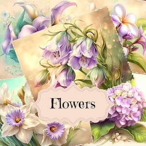 Lila Blumen Junk-Journal Zubehör Blumen Rosen Tulpen Lilien Lila Vintage Sammelalbum druckbare Seiten Schabby Chic Blumen Hintergründe