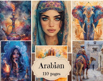 May include: A collage of watercolor illustrations with an Arabian theme. The images include a woman with blue eyes, an elephant, a hookah, and a man riding a camel. The central image has the text "Arabian 110 pages".