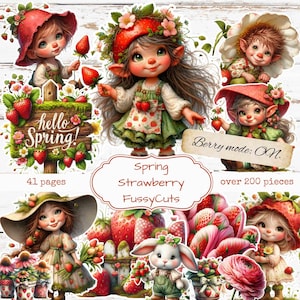 Vårens jordgubbs- och kräsna klipp: Scrapbook-påsk-ephemera Vårträdgårdsklipp (digital nedladdning)