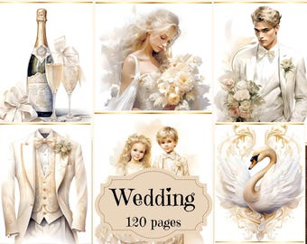 Hochzeit Junk Journal Kit: Beige & Weiß Scrapbook Papier (Digitaler Download)