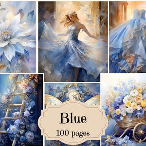 Blau Gold Vintage Junk Journal Zubehör Romantisches Sammelalbum Druckbare Seiten Mixed Media Romantisches Shabby Chic Blau Digital Paper Kit