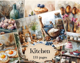 May include: A watercolor painting collage of kitchen scenes. The collage includes images of garlic, a bottle, a muffin, a jar of spices, a bowl of flour, a spoon, blueberries, a shelf of jars, and a plate of eggs. The text "Kitchen 135 pages" is in the center of the collage.