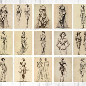 May include: A collection of fashion sketches featuring various women's clothing designs. The drawings are in a pencil sketch style, showcasing dresses, suits, and other outfits. The sketches are on a beige background, giving them a vintage aesthetic.