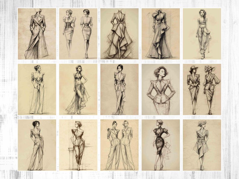 May include: A collection of fashion sketches featuring various women's clothing designs. The drawings are in a pencil sketch style, showcasing dresses, suits, and other outfits. The sketches are on a beige background, giving them a vintage aesthetic.