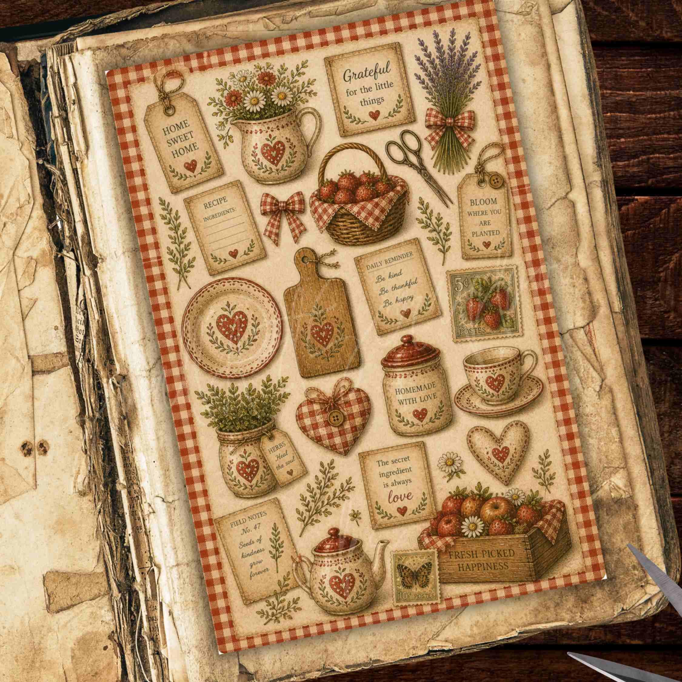 Watercolor Rustic Kitchen Backgrounds: Vintage Cookbook Ephemera ...