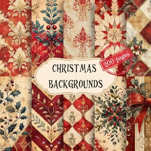 Papier de scrapbooking de Noël aquarelle or rouge : kit de journal indésirable vintage (téléchargement numérique)