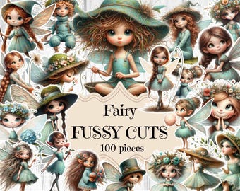 Puede incluir: Una colección de recortes de hadas en varias poses y atuendos, con alas, sombreros y vestidos en tonos de verde azulado, verde y marrón. El texto "Fairy Fussy Cuts" y "100 pieces" se muestra en una etiqueta decorativa.