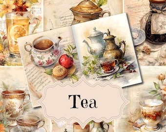 May include: A collage of images featuring teapots, teacups, and tea-related items. The images are in a vintage style with a watercolor effect. The word "Tea" is written in a decorative font in the center of the collage.