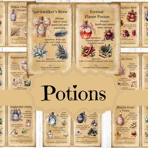 Könnte beinhalten: Eine Sammlung von Rezeptkarten für Tränke mit Illustrationen von Flaschen, Kräutern und Zutaten. Jede Karte enthält einen Titel, einen Zweck, Zutaten, Aussehen und Gebrauchsanweisungen. Die Karten sind im Vintage-Stil mit braunem Hintergrund und goldenen Akzenten gestaltet.