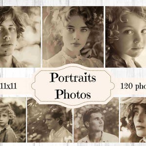 以下が含まれることがあります： 人々のヴィンテージスタイルの肖像画のコレクションで、タイトルカードには「Portraits Photos」と「120 photos」と書かれています。