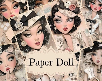 Puede incluir: Un collage de muñecas de papel con ropa y accesorios de inspiración vintage. Las muñecas tienen ojos grandes, pestañas largas y peinados intrincados. El fondo presenta una variedad de texturas y patrones, incluyendo papel, tela y encaje. El texto "Paper Doll" se muestra en una fuente decorativa.