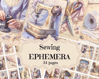 Puede incluir: Un collage de imágenes con temática de costura, que incluye una máquina de coser vintage, carretes de hilo, tijeras y recortes de tela. El título "Sewing Ephemera" y "34 páginas" se muestran en un marco decorativo.
