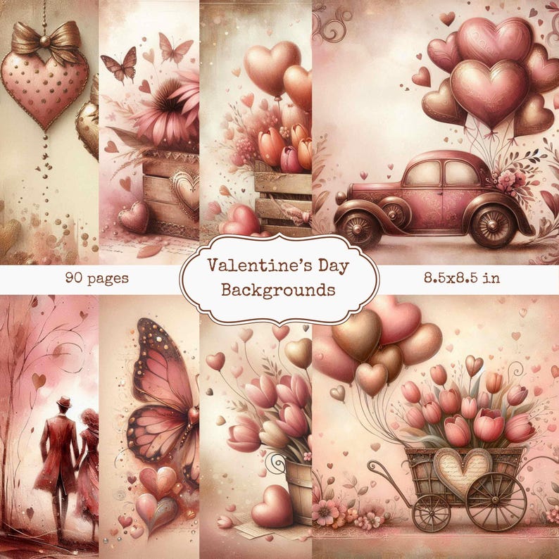 Op de afbeelding: Een verzameling Valentijnsdag-achtergronden in zachte roze en beige tinten. De afbeeldingen tonen harten, bloemen, vlinders en een vintage auto. De tekst op de afbeelding luidt "Valentine's Day Backgrounds" en "8.5x8.5 in". Er zijn 90 pagina's.