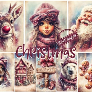 Könnte beinhalten: Eine Collage von Aquarellillustrationen mit Weihnachtsmotiv. Die Bilder zeigen ein Rentier mit roter Nase, ein Mädchen mit Hut, den Weihnachtsmann, ein Kaninchen, ein Haus, ein Schild für den Nordpol, einen Eisbären und Lebkuchenmänner. Das Wort "Christmas" ist über die Bilder geschrieben.
