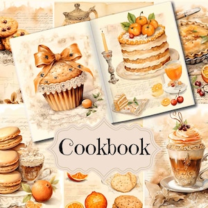 Suprimentos para diário de receitas de lixo laranja, livro de receitas vintage, scrapbook, papel digital, páginas de culinária, fundos de sobremesas chiques e surradas, página de receitas antigas