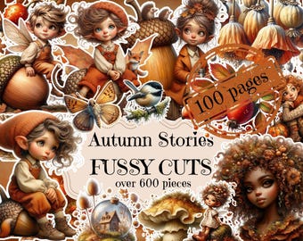 May include: An assortment of autumn-themed fussy cuts with illustrations of fairies, mushrooms, and woodland creatures. The image includes the text "Autumn Stories Fussy Cuts" and "100 pages" in a circular stamp.