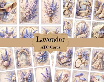 May include: A set of 16 printable ATC cards featuring a lavender theme. The cards feature images of lavender flowers, a vintage sewing machine, a baby carriage, a door, a bicycle, a violin, a woman in a hat, and other vintage-inspired designs.