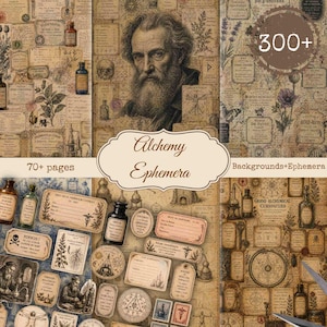 Op de afbeelding: Een collage van vintage ephemera met een focus op alchemie. De afbeelding toont verouderde papieren achtergronden, illustraties, labels en flessen. De tekst bevat "Alchemy Ephemera", "70+ pages" en "300+". Het kleurenpalet wordt gedomineerd door sepiatinten.
