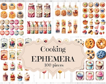 May include: A set of 100 digital printable images for scrapbooking and crafting. The images feature a variety of cooking and baking themed illustrations, including cupcakes, cookies, jars of jam, and labels. The text "Cooking Ephemera 100 pieces" is included in the image.