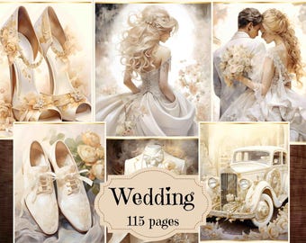 Hochzeit Junk Journal Kit: Beige & Weiß Scrapbook Papier (Digitaler Download)