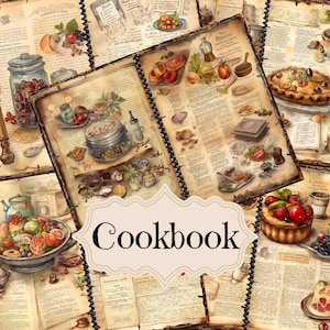 Kit de diário de receitas vintage, receitas antigas, suprimentos para diário de receitas vintage, páginas de culinária para scrapbook digital, fundos chiques e surrados