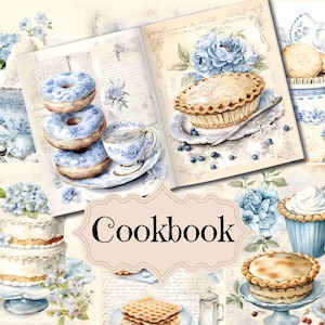 Suministros para diarios basura con libros de cocina, libros de cocina vintage azules, álbumes de recortes, páginas de cocina en papel digital, fondos de postres estilo shabby chic, páginas de recetas antiguas