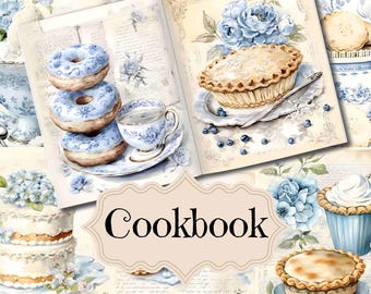 Printable Vintage Cookbook Junk Journal Pages: Blue Dessert Ephemera (Digital Paper)