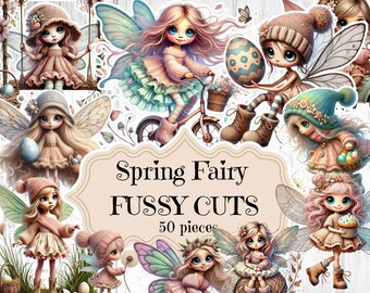 May include: A set of 50 spring fairy fussy cuts featuring colorful fairies with wings, flowers, and other whimsical elements. The image includes the text "Spring Fairy Fussy Cuts 50 pieces".