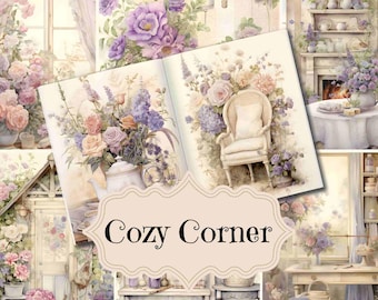 May include: A collage of images featuring a cosy cottage interior with floral arrangements, a white armchair, and a fireplace. The text "Cozy Corner" is displayed in a decorative frame.