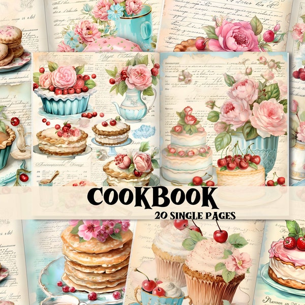 Junk Journal Kit Pink Turquoise Vintage Cookbook Scrapbook Digital Paper Cooking Junk Journal Supplies Shabby Chic Cookbook Ephemera Kit