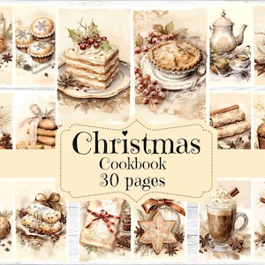 Zestaw Junk Journal Vintage Christmas Cookbook Scrapbook Paper Kit Zestaw akwarelowych Junk Journal Cyfrowy zestaw do druku Shabby Chic Christmas Ephemera