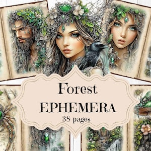 May include: A digital scrapbook kit with 38 pages featuring forest-themed illustrations. The pages include images of fairies, mushrooms, spiders, and other woodland creatures. The title of the kit is "Forest Ephemera".
