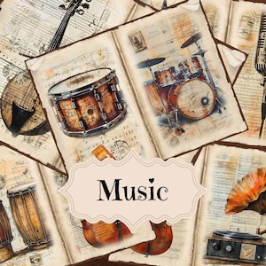 Muziekjunkjournaalkit Muziekinstrumenten Plakboek Digitale afdrukbare pagina's Muziekjunkjournaalbenodigdheden Instrumenten Shabby Chic Achtergronden