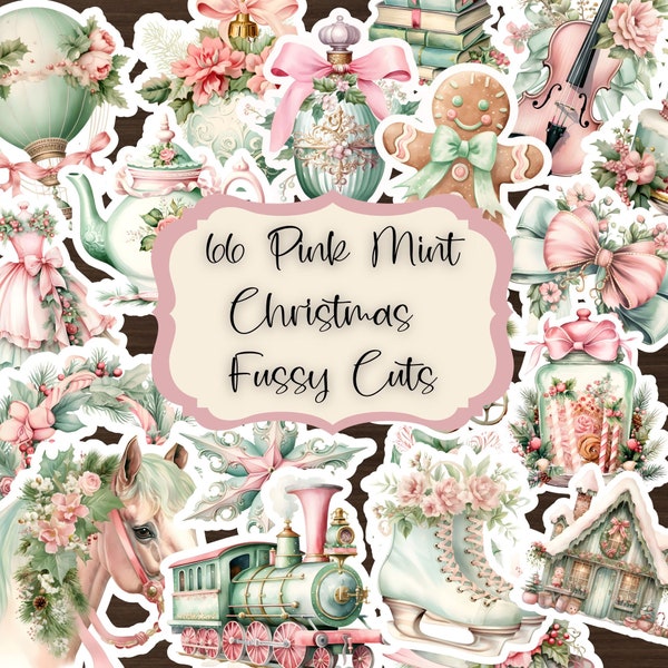 Christmas Fussy Cuts Vintage Junk Journal Fussy Cuts Christmas Clipart Scrapbook Printable Stickers Watercolor Pink Mint Christmas Ephemera