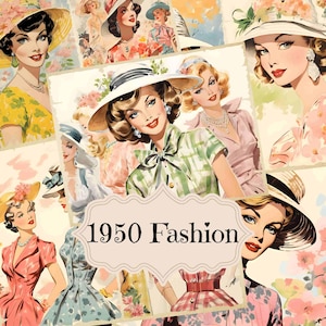 1950年代のファッション ジャンクジャーナル用品 ヴィンテージ スクラップブック 印刷可能なページ ヴィンテージ スプリング ファッション ショー 1950年代のファッション シャビーシックな背景