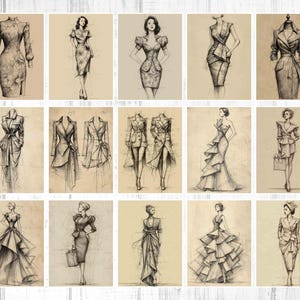 May include: A collection of fifteen fashion sketches, each depicting a different elegant outfit. The drawings are in black and white, with a vintage aesthetic, set against a beige background. The outfits include dresses, suits, and gowns.