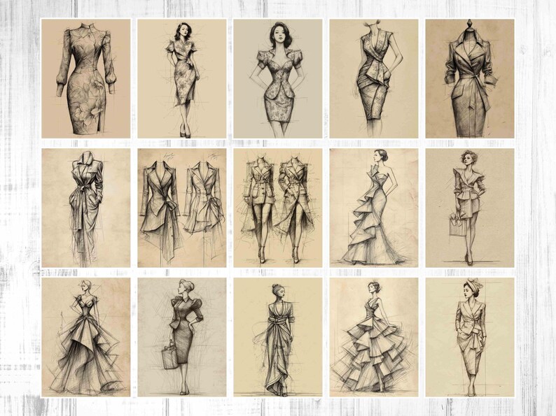May include: A collection of fifteen fashion sketches, each depicting a different elegant outfit. The drawings are in black and white, with a vintage aesthetic, set against a beige background. The outfits include dresses, suits, and gowns.