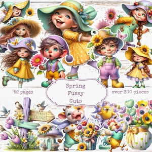 Puede incluir: Una hoja de collage digital con ilustraciones caprichosas de niños, animales y flores. Las imágenes incluyen personajes con atuendos primaverales, una vaca, una casa con forma de hongo y un letrero que dice "Forest Friends". El texto dice "Spring Fussy Cuts" y "over 300 pieces".